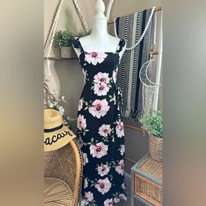 Forever 21 Contemporary Black Pink Floral Faux Wrap Smocked Maxi Dress